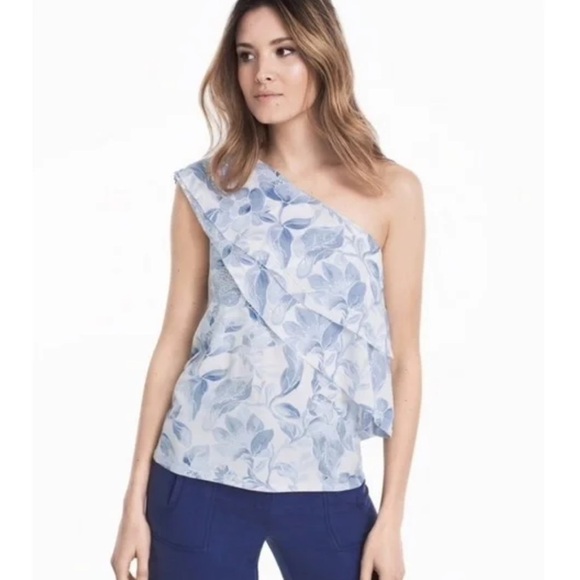 WHITE HOUSE BLACK MARKET White Blue Floral Off one Shoulder Layered Top - Picture 1 of 4